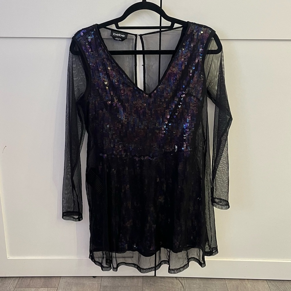 Bebe Black Mini Dress Romper with Sequin Bodice & Sheer Sleeves